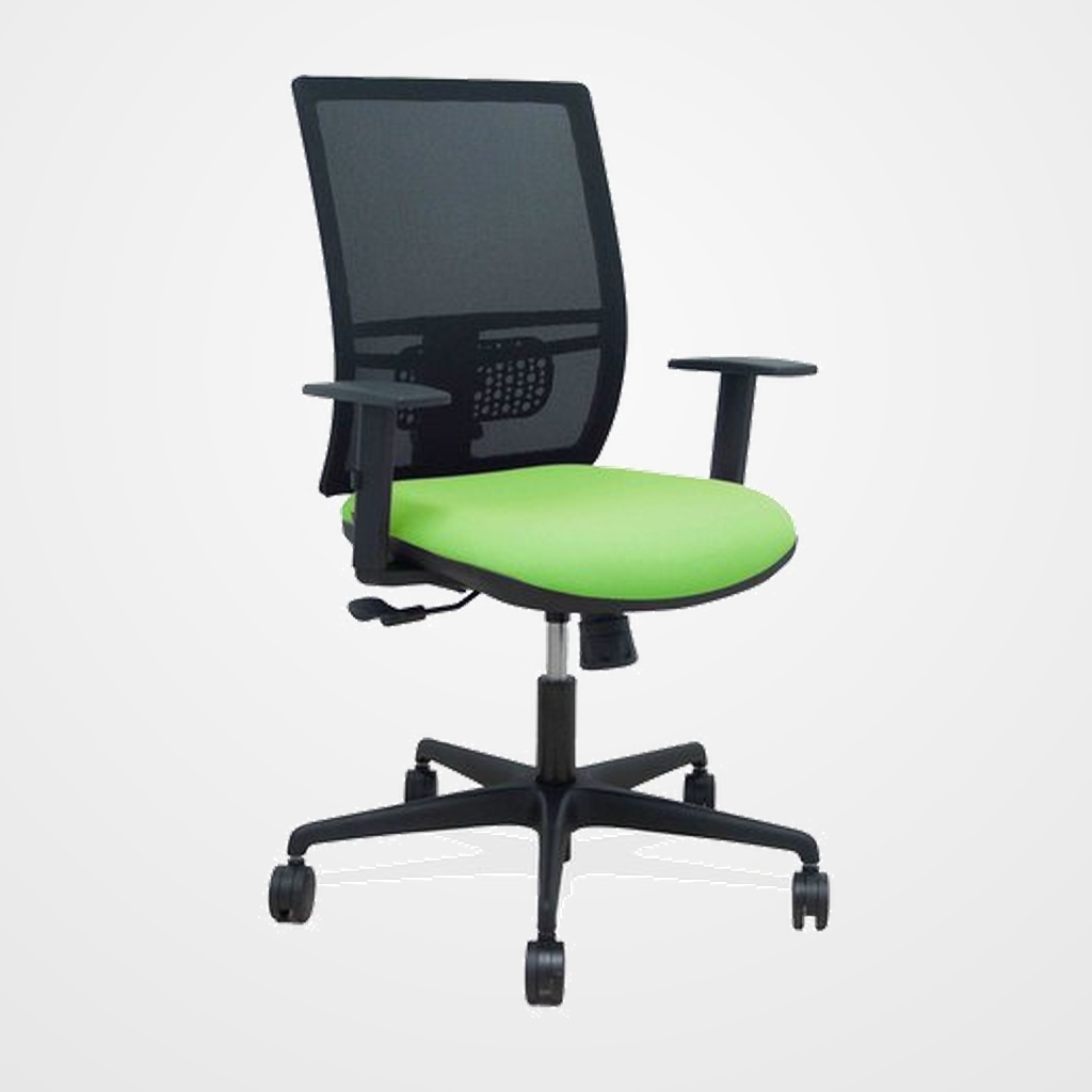 SILLA PIQUERAS Y CRESPO YUNQUERA BRAZOS REGULABLE ERGONOMICA MECANISMO SINCRO RESPALDO MALLA NEGRA ASIENTO TAPIZADO BALI PISTACHO