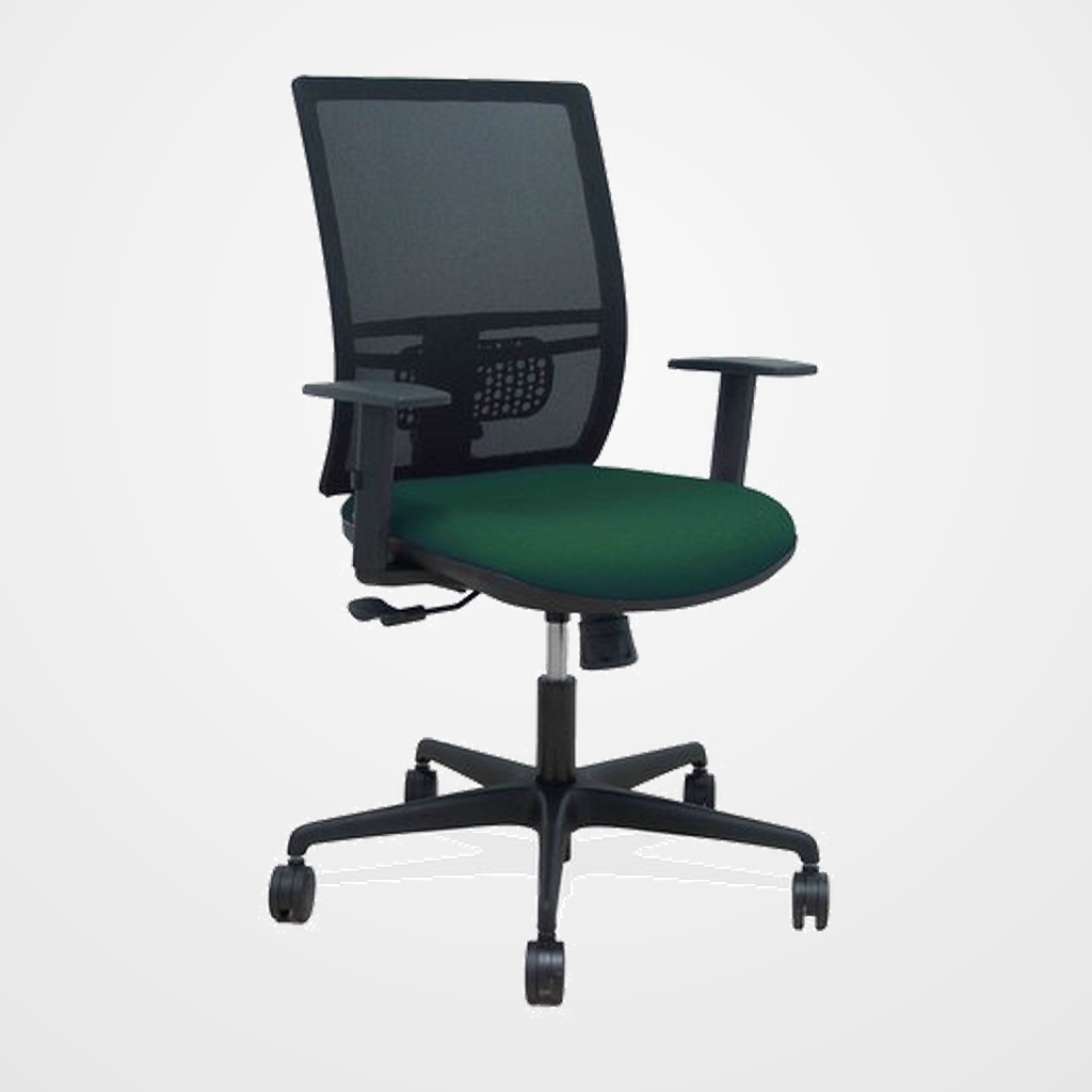 SILLA PIQUERAS Y CRESPO YUNQUERA BRAZOS REGULABLE ERGONOMICA MECANISMO SINCRO RESPALDO MALLA NEGRA ASIENTO TAPIZADO BALI VERDE BOTELLA