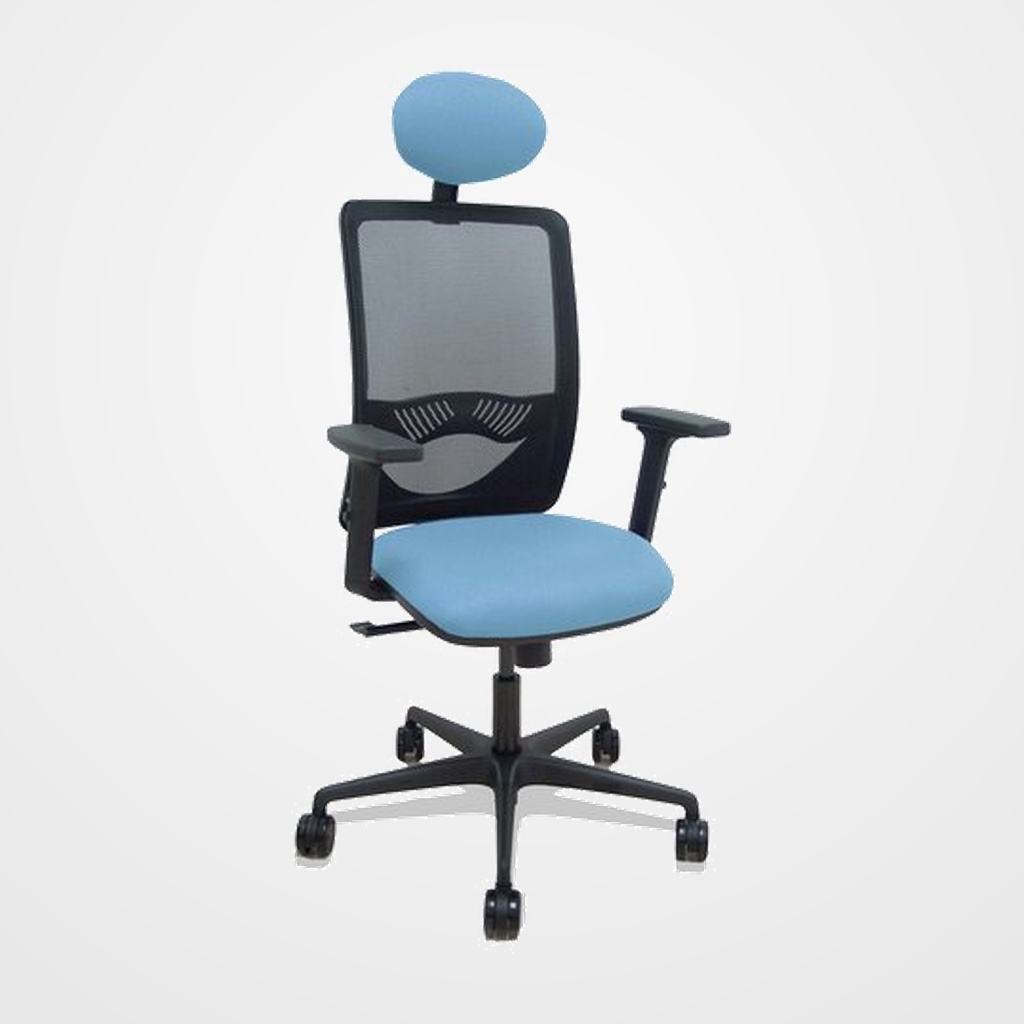 SILLA PIQUERAS Y CRESPO ZULEMA BRAZOS 2D Y APOYO LUMBAR REGULABLES CABECERO FIJO MECANISMO SINCRO RUEDAS NYLON de 65 RESPALDO DE MALLA NEGRA Y ASIENTO TAPIZADO BALI AZUL CIELO