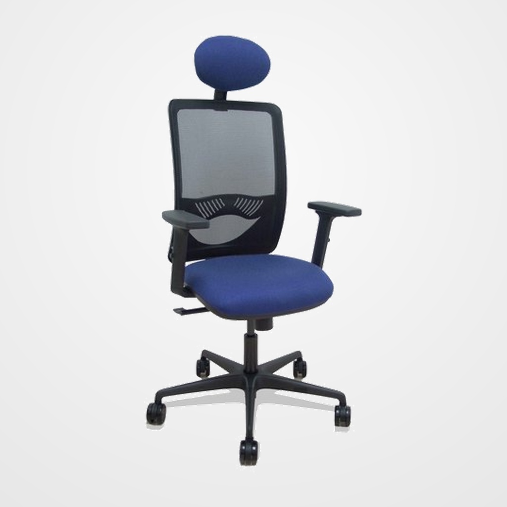 SILLA PIQUERAS Y CRESPO ZULEMA BRAZOS 2D Y APOYO LUMBAR REGULABLES CABECERO FIJO MECANISMO SINCRO RUEDAS NYLON de 65 RESPALDO DE MALLA NEGRA Y ASIENTO TAPIZADO BALI AZUL MARINO