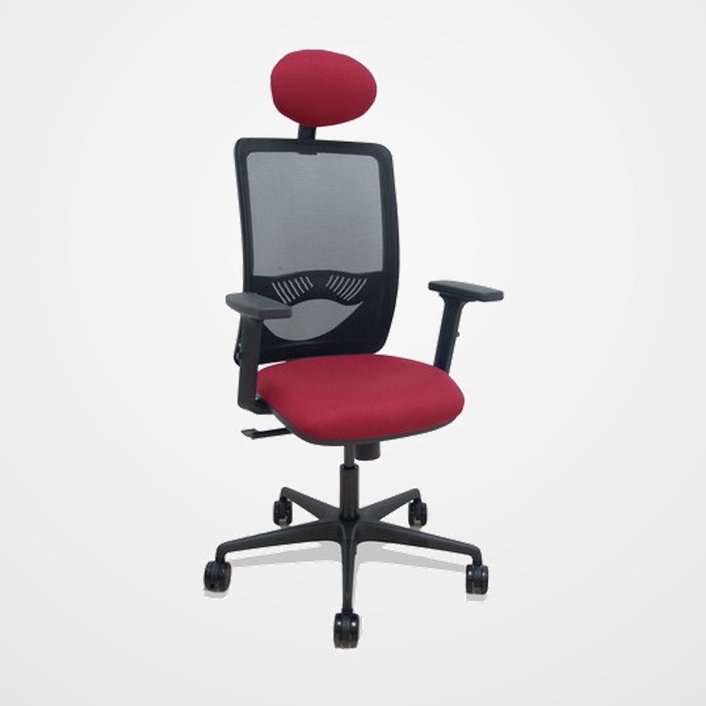 SILLA PIQUERAS Y CRESPO ZULEMA BRAZOS 2D Y APOYO LUMBAR REGULABLES CABECERO FIJO MECANISMO SINCRO RUEDAS NYLON de 65 RESPALDO DE MALLA NEGRA Y ASIENTO TAPIZADO BALI GRANATE