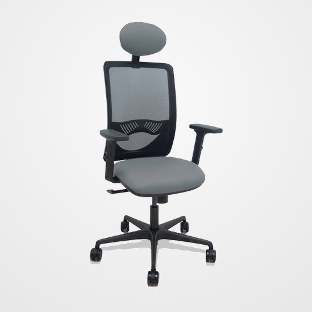SILLA PIQUERAS Y CRESPO ZULEMA BRAZOS 2D Y APOYO LUMBAR REGULABLES CABECERO FIJO MECANISMO SINCRO RUEDAS NYLON de 65 RESPALDO DE MALLA NEGRA Y ASIENTO TAPIZADO BALI GRIS