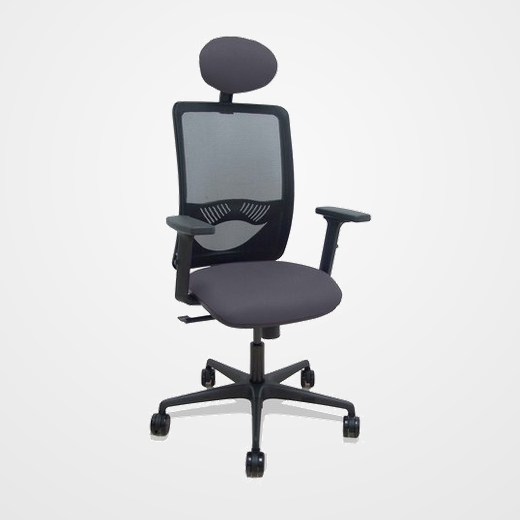 SILLA PIQUERAS Y CRESPO ZULEMA BRAZOS 2D Y APOYO LUMBAR REGULABLES CABECERO FIJO MECANISMO SINCRO RUEDAS NYLON de 65 RESPALDO DE MALLA NEGRA Y ASIENTO TAPIZADO BALI GRIS OSCURO