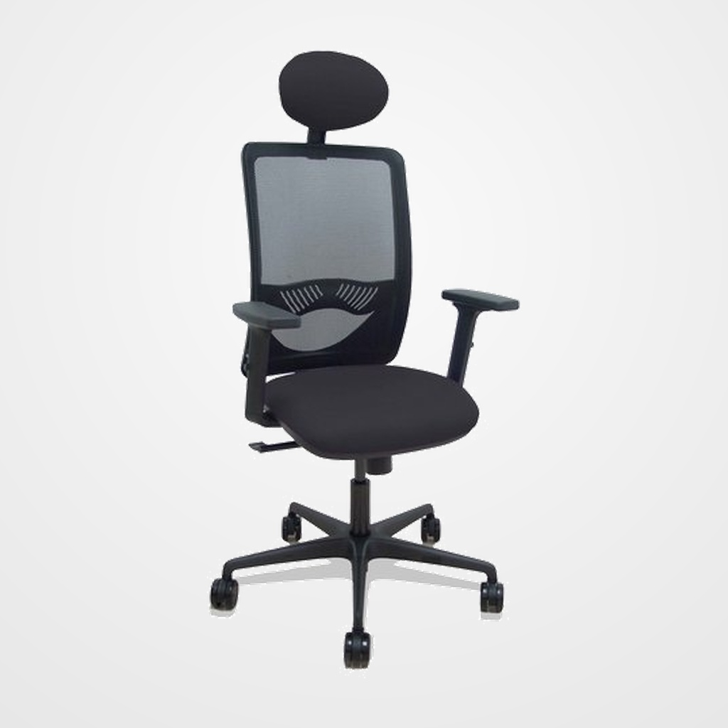 SILLA PIQUERAS Y CRESPO ZULEMA BRAZOS 2D Y APOYO LUMBAR REGULABLES CABECERO FIJO MECANISMO SINCRO RUEDAS NYLON de 65 RESPALDO DE MALLA NEGRA Y ASIENTO TAPIZADO BALI NEGRO