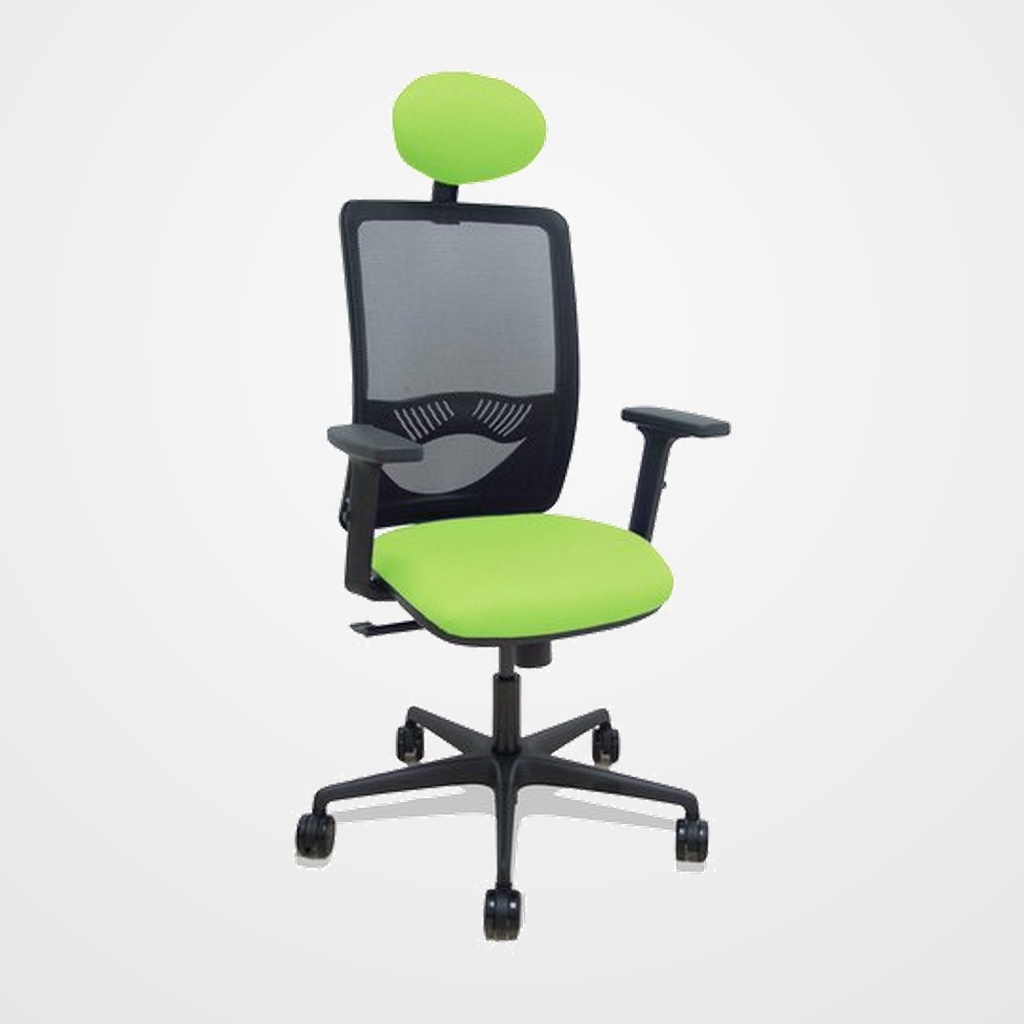 SILLA PIQUERAS Y CRESPO ZULEMA BRAZOS 2D Y APOYO LUMBAR REGULABLES CABECERO FIJO MECANISMO SINCRO RUEDAS NYLON de 65 RESPALDO DE MALLA NEGRA Y ASIENTO TAPIZADO BALI PISTACHO