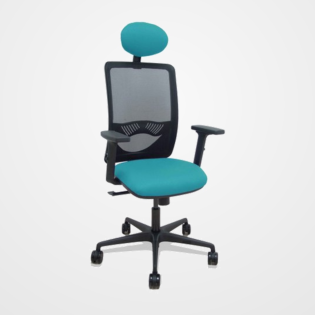 SILLA PIQUERAS Y CRESPO ZULEMA BRAZOS 2D Y APOYO LUMBAR REGULABLES CABECERO FIJO MECANISMO SINCRO RUEDAS NYLON de 65 RESPALDO DE MALLA NEGRA Y ASIENTO TAPIZADO BALI TURQUESA