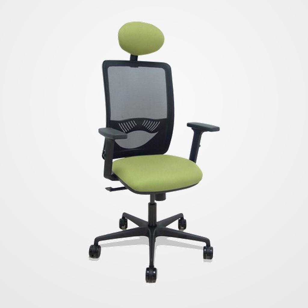 SILLA PIQUERAS Y CRESPO ZULEMA BRAZOS 2D Y APOYO LUMBAR REGULABLES CABECERO FIJO MECANISMO SINCRO RUEDAS NYLON de 65 RESPALDO DE MALLA NEGRA Y ASIENTO TAPIZADO BALI VERDE OLIVA