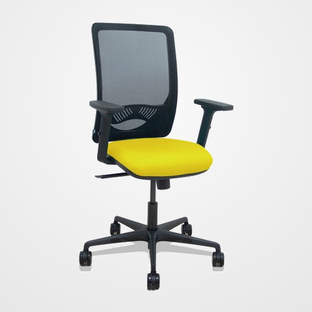 SILLA PIQUERAS Y CRESPO ZULEMA BRAZOS 2D Y APOYO LUMBAR REGULABLES MECANISMO SINCRO RUEDAS NYLON de 65 RESPALDO DE MALLA NEGRA Y ASIENTO TAPIZADO BALI AMARILLO