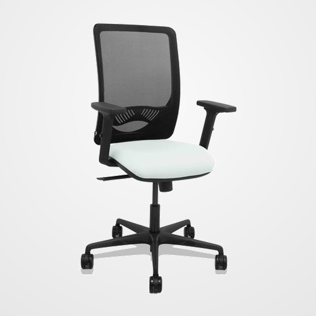 SILLA PIQUERAS Y CRESPO ZULEMA BRAZOS 2D Y APOYO LUMBAR REGULABLES MECANISMO SINCRO RUEDAS NYLON de 65 RESPALDO DE MALLA NEGRA Y ASIENTO TAPIZADO BALI BLANCO
