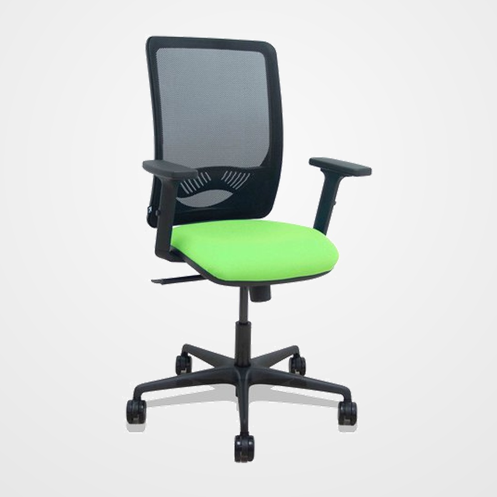 SILLA PIQUERAS Y CRESPO ZULEMA BRAZOS 2D Y APOYO LUMBAR REGULABLES MECANISMO SINCRO RUEDAS NYLON de 65 RESPALDO DE MALLA NEGRA Y ASIENTO TAPIZADO BALI PISTACHO