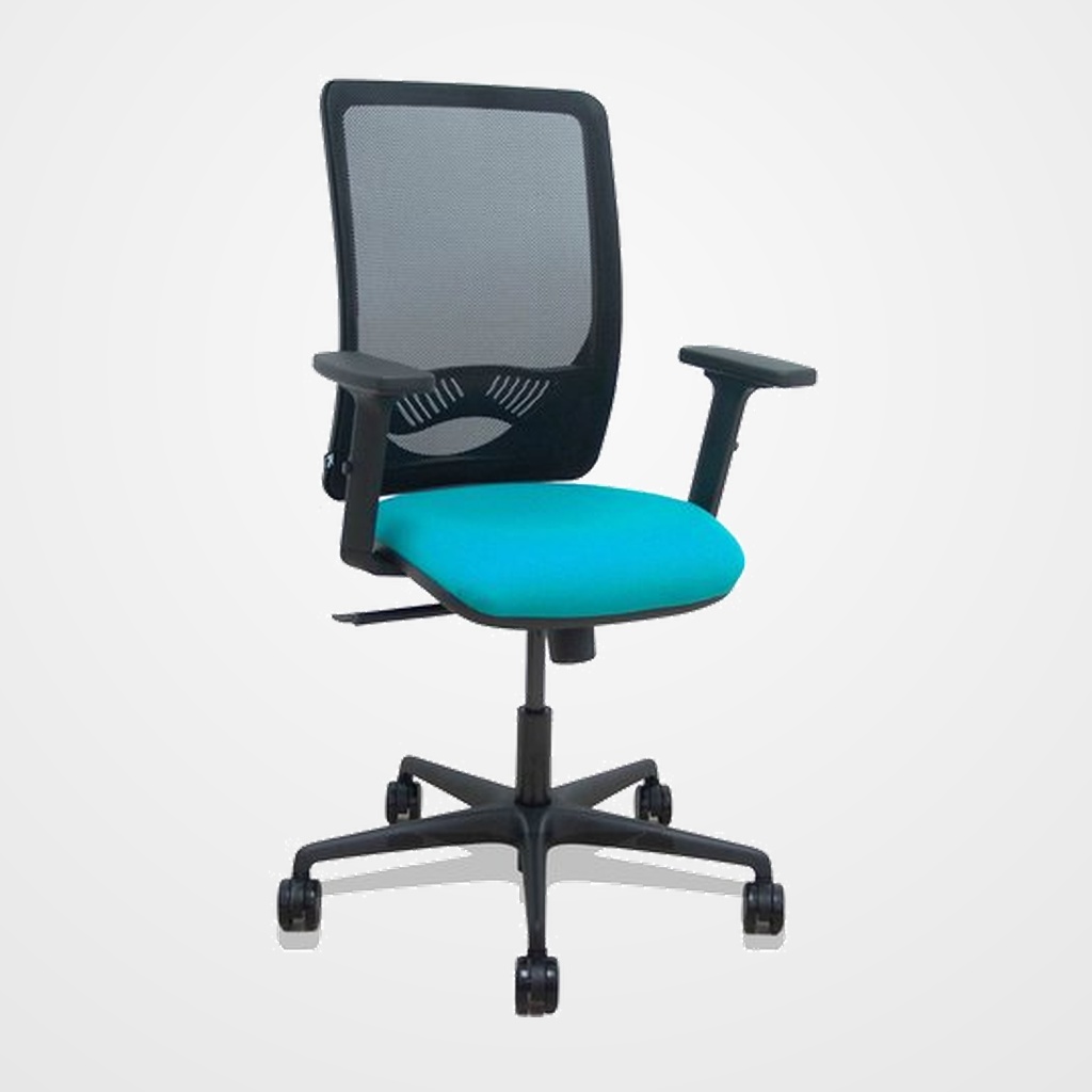 SILLA PIQUERAS Y CRESPO ZULEMA BRAZOS 2D Y APOYO LUMBAR REGULABLES MECANISMO SINCRO RUEDAS NYLON de 65 RESPALDO DE MALLA NEGRA Y ASIENTO TAPIZADO BALI TURQUESA