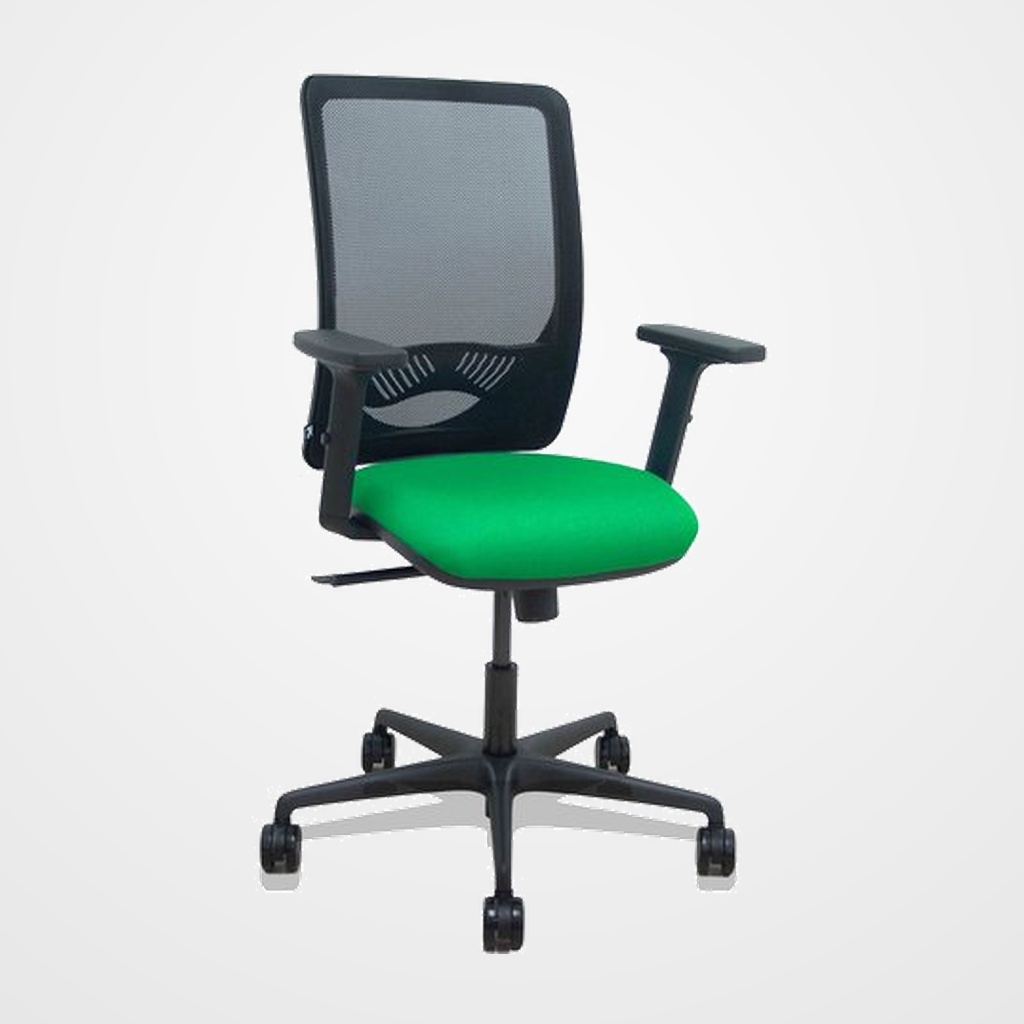 SILLA PIQUERAS Y CRESPO ZULEMA BRAZOS 2D Y APOYO LUMBAR REGULABLES MECANISMO SINCRO RUEDAS NYLON de 65 RESPALDO DE MALLA NEGRA Y ASIENTO TAPIZADO BALI VERDE