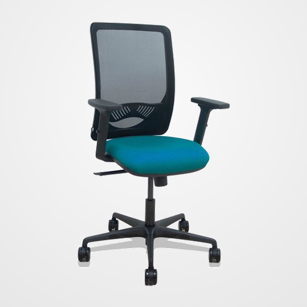 SILLA PIQUERAS Y CRESPO ZULEMA BRAZOS 2D Y APOYO LUMBAR REGULABLES MECANISMO SINCRO RUEDAS NYLON de 65 RESPALDO DE MALLA NEGRA Y ASIENTO TAPIZADO BALI VERDE PETROLEO