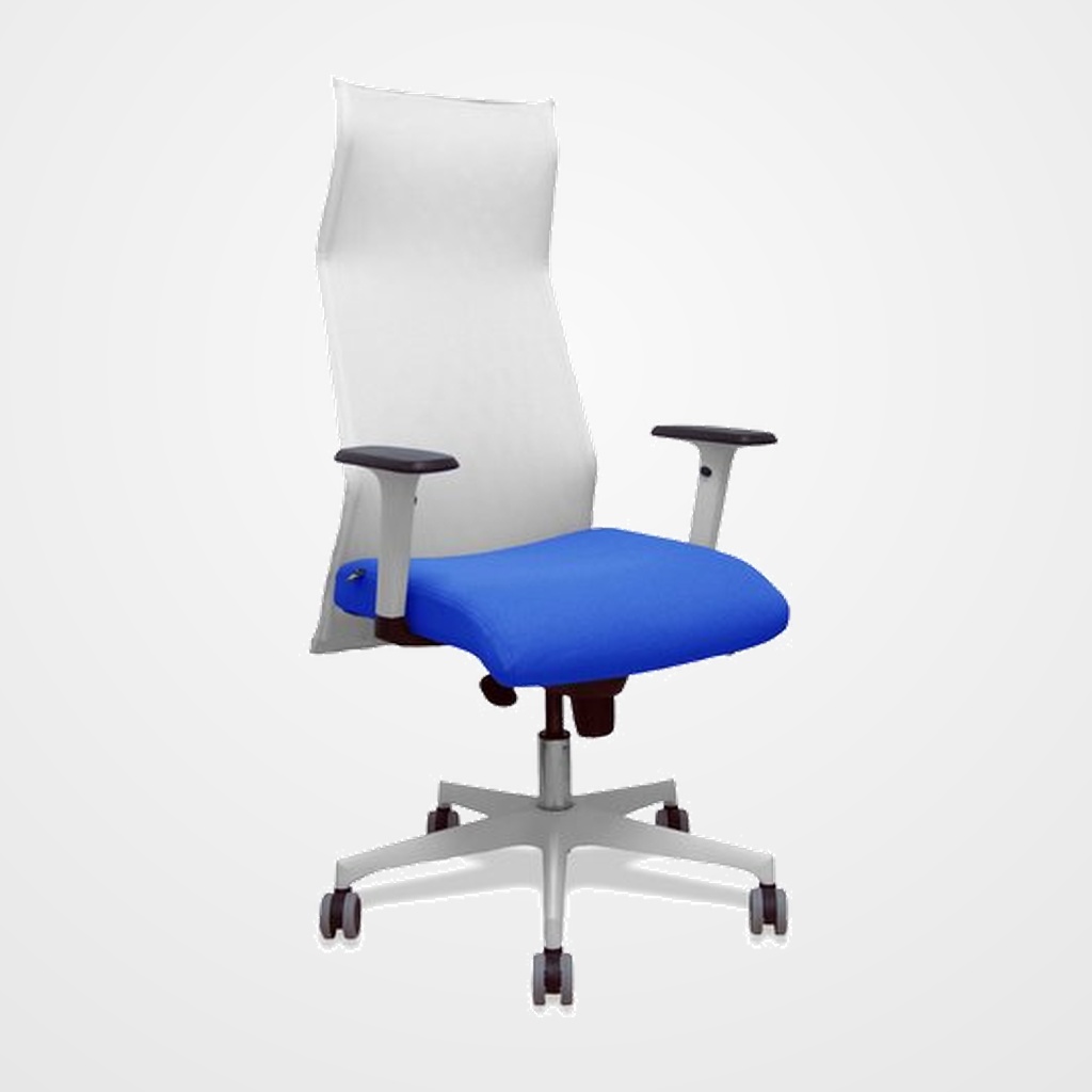 SILLON PIQUERAS Y CRESPO SAHUCO DIRECCION USO INTENSIVO (8H) BRAZOS BLANCOS REGULABLES MECANISMO SINCRO RESPALDO MALLA BLANCA TRANSPIRABLE Y ASIENTO TAPIZADO BALI AZUL