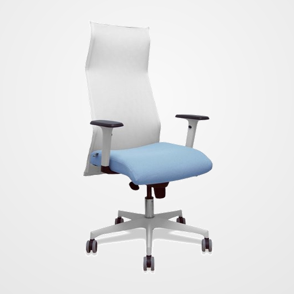 SILLON PIQUERAS Y CRESPO SAHUCO DIRECCION USO INTENSIVO (8H) BRAZOS BLANCOS REGULABLES MECANISMO SINCRO RESPALDO MALLA BLANCA TRANSPIRABLE Y ASIENTO TAPIZADO BALI AZUL CIELO