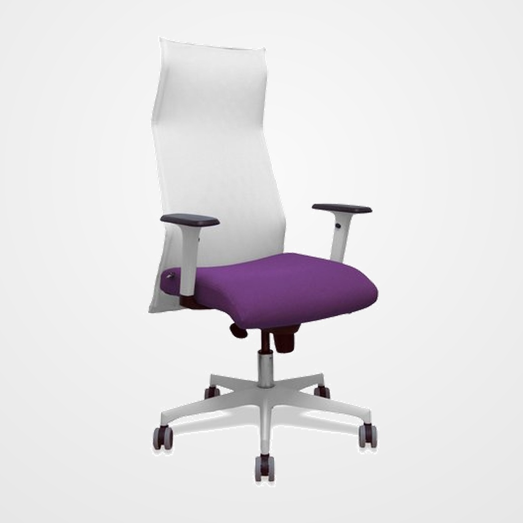 SILLON PIQUERAS Y CRESPO SAHUCO DIRECCION USO INTENSIVO (8H) BRAZOS BLANCOS REGULABLES MECANISMO SINCRO RESPALDO MALLA BLANCA TRANSPIRABLE Y ASIENTO TAPIZADO BALI MORADO