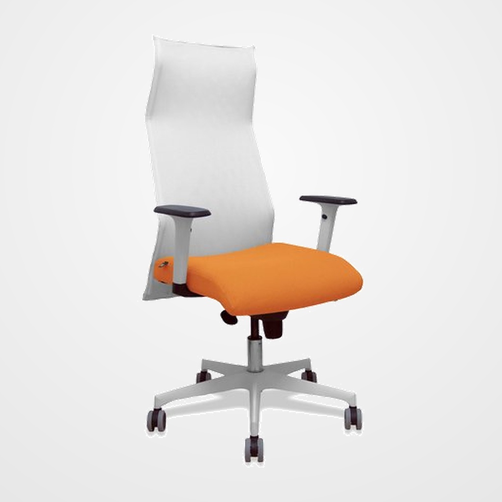 SILLON PIQUERAS Y CRESPO SAHUCO DIRECCION USO INTENSIVO (8H) BRAZOS BLANCOS REGULABLES MECANISMO SINCRO RESPALDO MALLA BLANCA TRANSPIRABLE Y ASIENTO TAPIZADO BALI NARANJA
