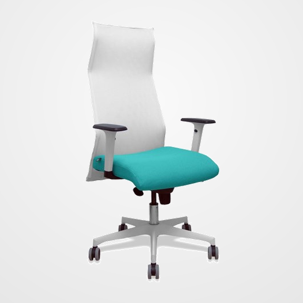 SILLON PIQUERAS Y CRESPO SAHUCO DIRECCION USO INTENSIVO (8H) BRAZOS BLANCOS REGULABLES MECANISMO SINCRO RESPALDO MALLA BLANCA TRANSPIRABLE Y ASIENTO TAPIZADO BALI TURQUESA
