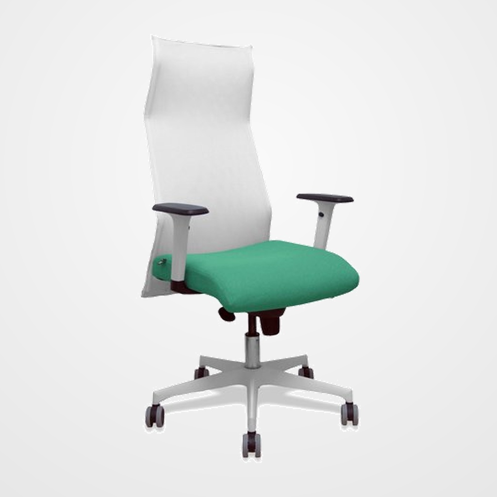 SILLON PIQUERAS Y CRESPO SAHUCO DIRECCION USO INTENSIVO (8H) BRAZOS BLANCOS REGULABLES MECANISMO SINCRO RESPALDO MALLA BLANCA TRANSPIRABLE Y ASIENTO TAPIZADO BALI VERDE ESMERALDA