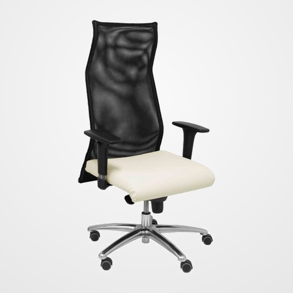SILLON PIQUERAS Y CRESPO SAHUCO DIRECCION USO INTENSIVO (8H) BRAZOS REGULABLES MECANISMO SINCRO RESPALDO MALLA TRANSPIRABLE NEGRO Y ASIENTO TAPIZADO SIMILPIEL CREMA