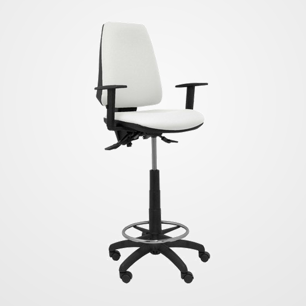 TABURETE PIQUERAS Y CRESPO ELCHE S BRAZOS REGULABLES ERGONOMICO MECANISMO ASINCRO REGULABLE EN ALTURA ARO REPOSAPIES CROMADO RUEDAS NAILON ASIENTO Y RESPALDO TAPIZADOS BALI BLANCO