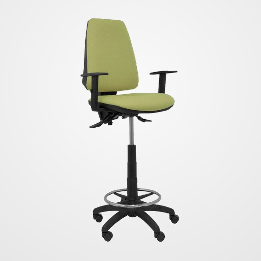 TABURETE PIQUERAS Y CRESPO ELCHE S BRAZOS REGULABLES ERGONOMICO MECANISMO ASINCRO REGULABLE EN ALTURA ARO REPOSAPIES CROMADO RUEDAS NAILON ASIENTO Y RESPALDO TAPIZADOS BALI VERDE OLIVA