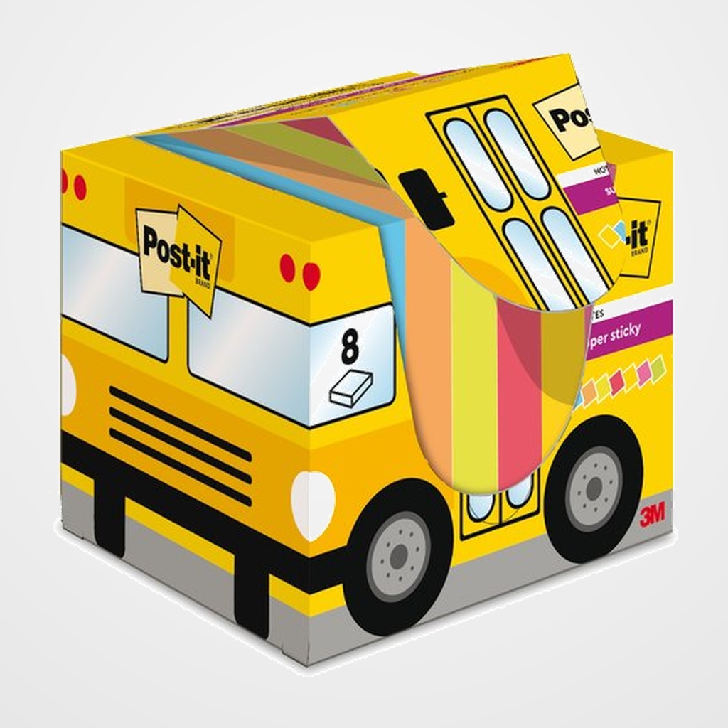 TACO NOTAS POST-IT PACK AUTOBUS 63,5X76 8x90 HOJAS COLORES SURTIDOS