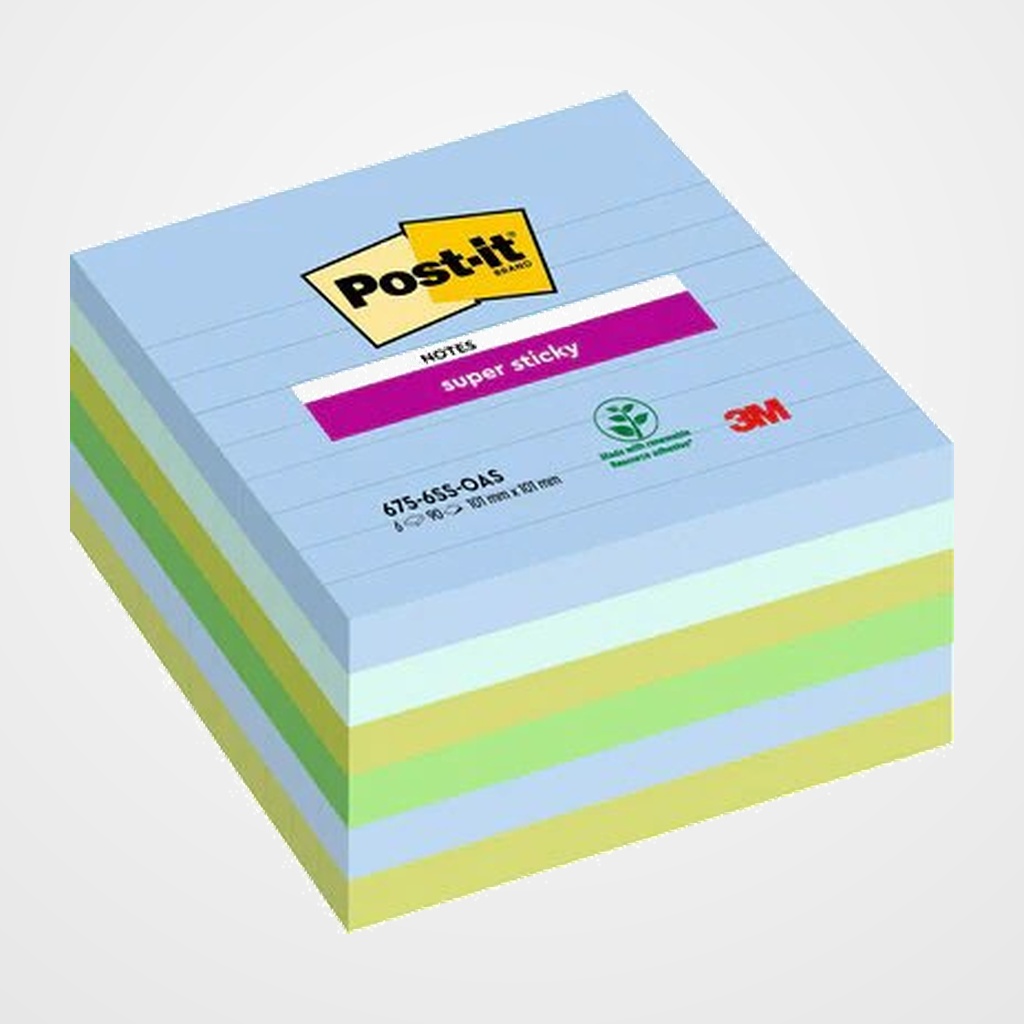 TACO NOTAS POST-IT 675 SUPER STICKY 101x101 COLORES OASIS PACK DE 6