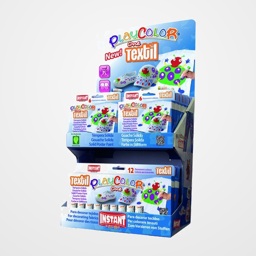 TEMPERA INSTANT SOLIDA PLAYCOLOR TEXTIL ONE 10Gr. EXPOSITOR de 144 (12 ESTUCHES de 6 COLORES y 6 ESTUCHES de 12 COLORES)