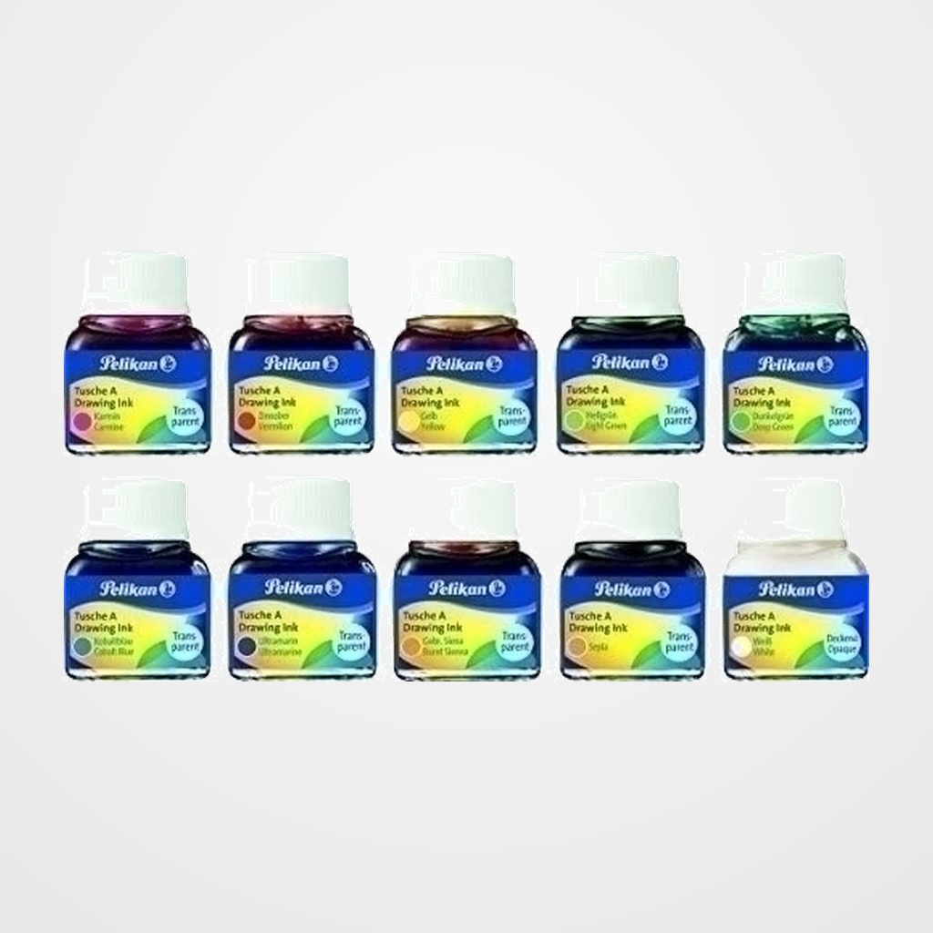 TINTA CHINA PELIKAN FRASCO 10 ml. SURTIDO DE 10 COLORES (249474) (Carmín, Bermellón, Amarillo, Verde claro, Verde oscuro, Azul cobalto, Azul ultramar, Siena, Sepia y Blanco)