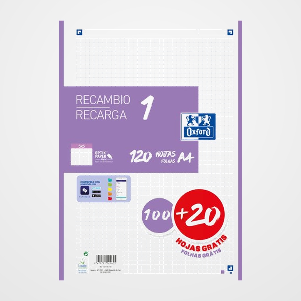 RECAMBIO OXFORD SCHOOL COLOR 1 A4 120h (100+20) 90gr 4 TALADROS CUADRIC.5x5 LILA (1 color en banda)