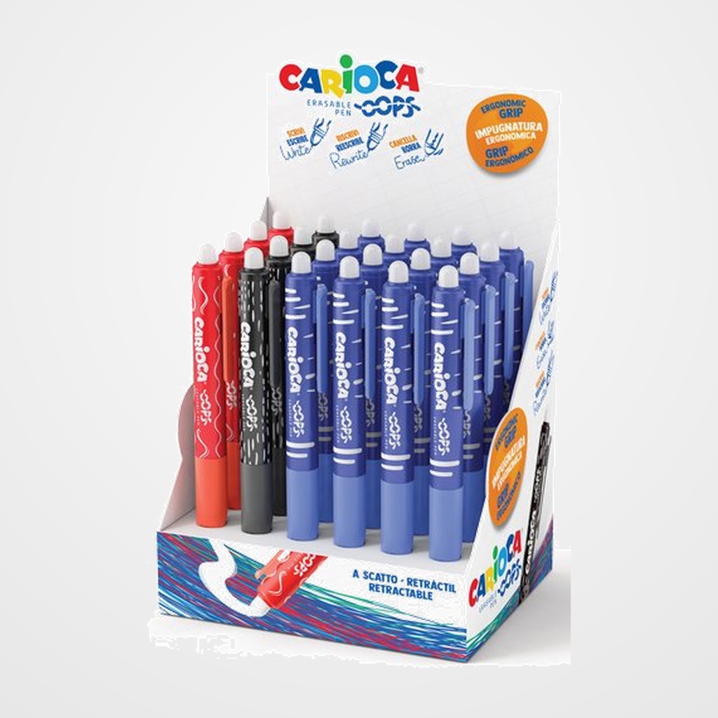 BOLIGRAFO BORRABLE CARIOCA OOPS RETRACTIL EXPOSITOR de 24 16x AZUL  4x NEGRO  4x ROJO