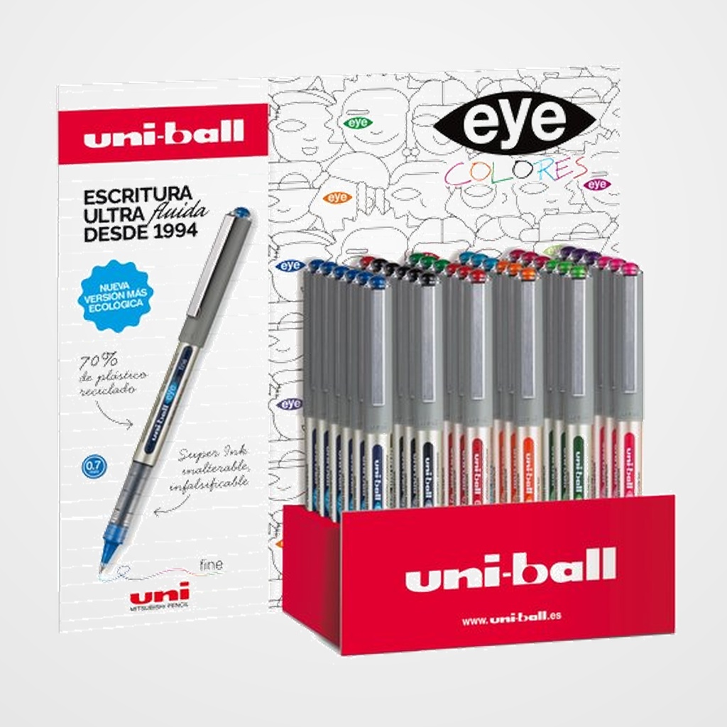 ROLLER T.LIQ. UNI-BALL EYE FINE 0,7 (UB-157E)  EXPOSITOR de 36 (10 col.) 5x NEGRO 6x AZUL 4x ROJO 3x VERDE 3x AZUL CLARO 3x VERDE CLARO 3x VIOLETA 3x NARANJA 3x ROSA 3x VINO