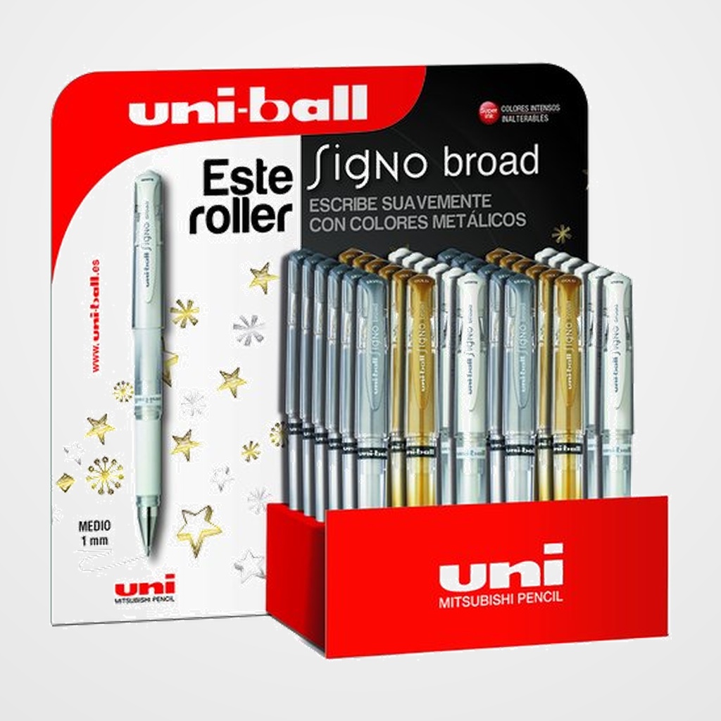 ROLLER GEL UNI-BALL SIGNO BROAD 1,0 (UM-153) EXPOSITOR de 36 12x UM1531300 ORO 12x UM1531200 PLATA 12x UM1531400 BLANCO