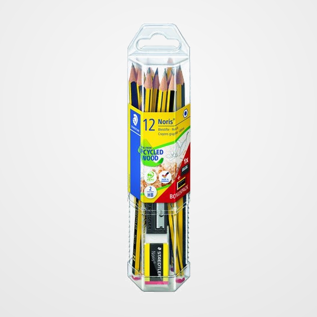 LAPIZ de GRAFITO STAEDTLER 120 NORIS Nº2 - HB ESTUCHE HEXAGONAL de 12 EDICION LIMITADA 120 ANIVERSARIO (Regalo: 2 afilalapices de plastico negro y goma de borrar mini con diseño noris)