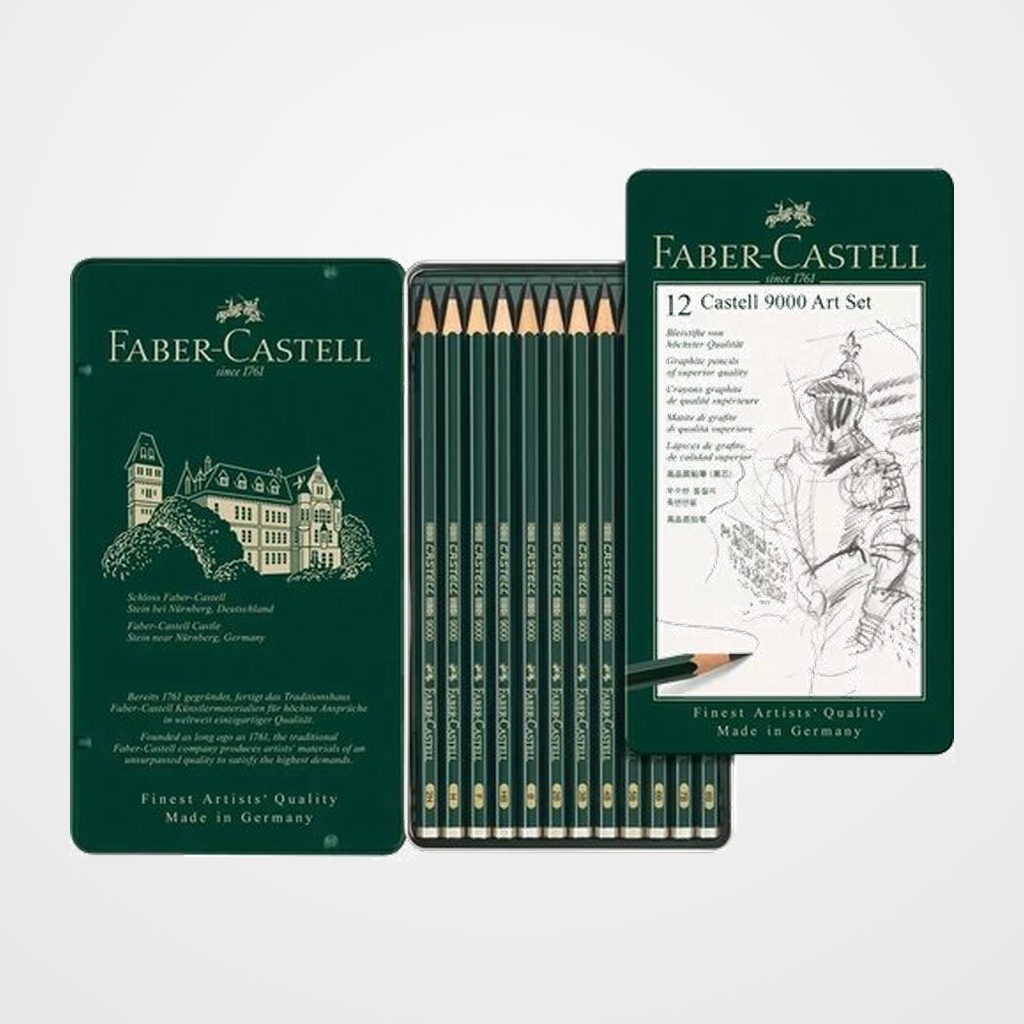 LAPIZ de GRAFITO FABER-CASTELL 9000 ESTUCHE METAL DE 12 SURTIDOS (8B, 7B, 6B, 5B, 4B, 3B, 2B, B, HB, F, H, 2H)