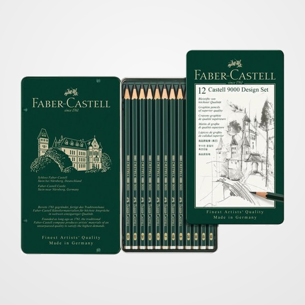 LAPIZ de GRAFITO FABER-CASTELL 9000 ESTUCHE METAL DE 12 (5B, 4B, 3B, 2B, B, HB, F, H, 2H, 3H, 4H, 5H)