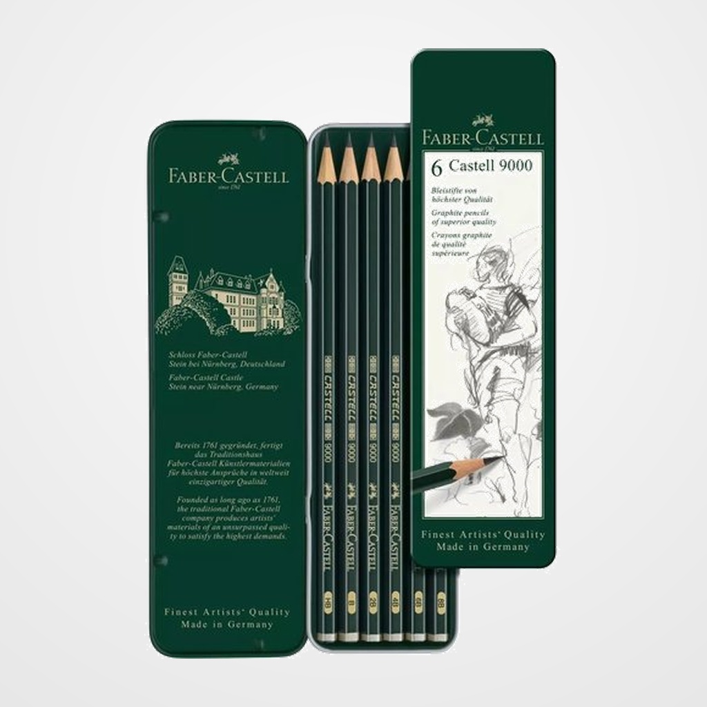 LAPIZ de GRAFITO FABER-CASTELL 9000 ESTUCHE METAL DE 6 SURTIDOS (8B, 6B, 4B, 2B, B, HB)