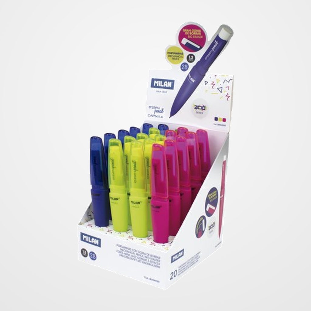 PORTAMINAS MILAN CAPSULE FLUO 2B 1,3 mm EXPOSITOR de 20