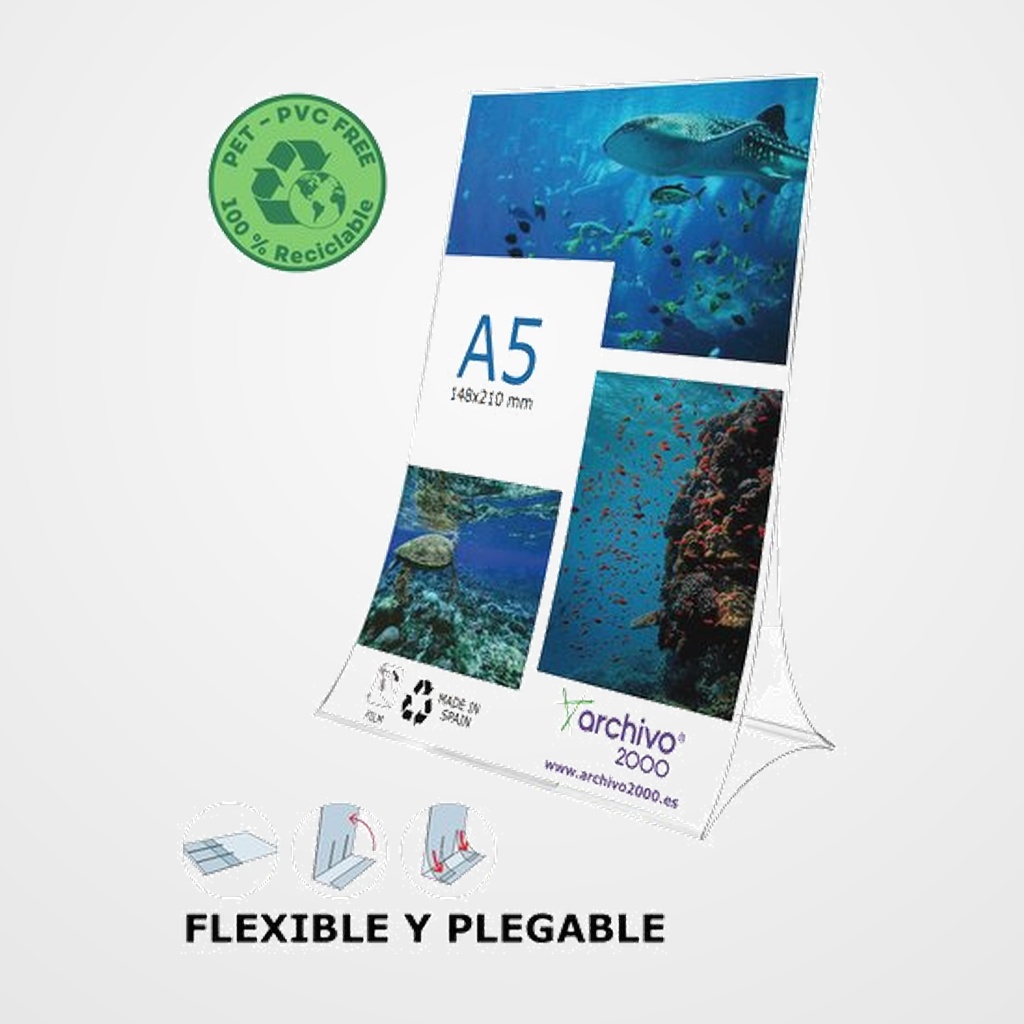 EXPOSITOR SOBREMESA A.2000 EN FORMA DE L A5 VERTICAL FLEXIBLE Y PLEGABLE CRISTAL