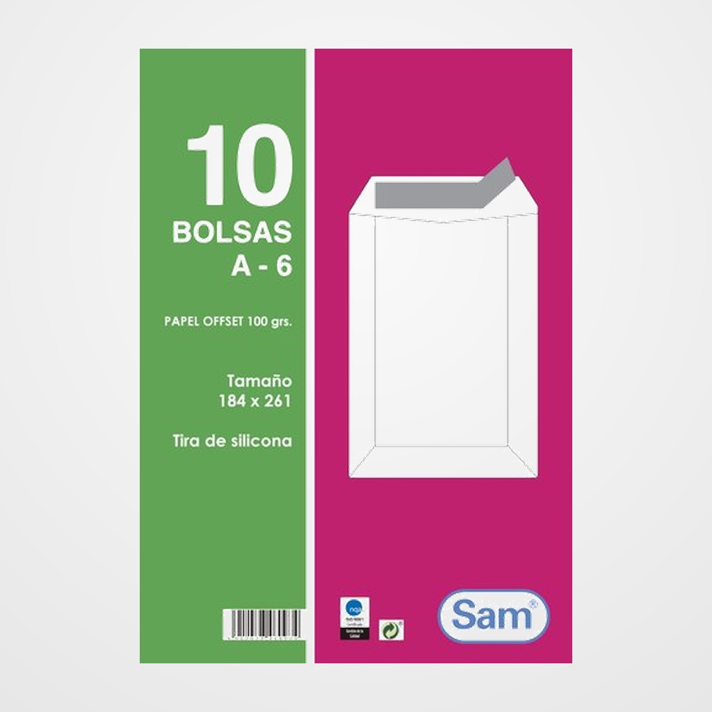 SOBRE-BOLSA SAM 184x261 BLANCO 100g (SILICONA) PAQUETE DE 10