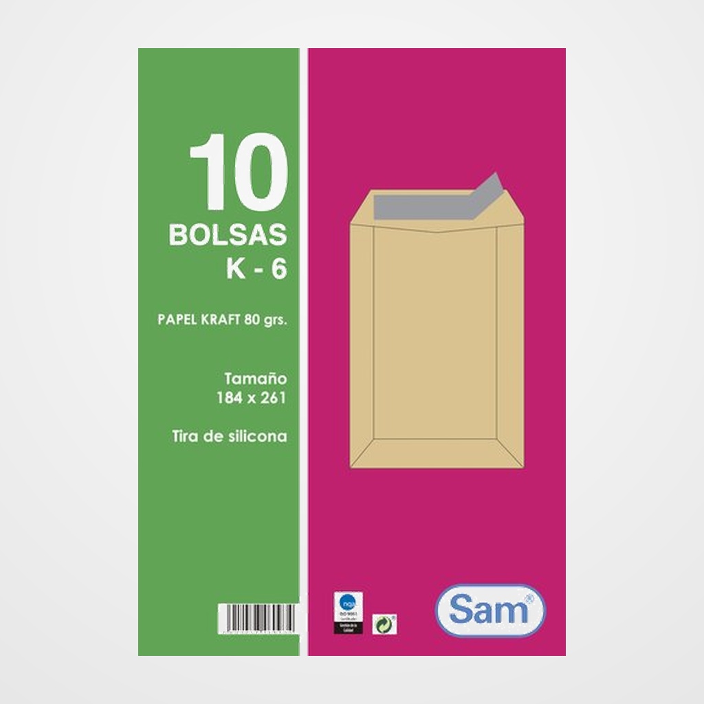 SOBRE-BOLSA SAM 184x261 KRAFT 80g (SILICONA) PAQUETE DE 10