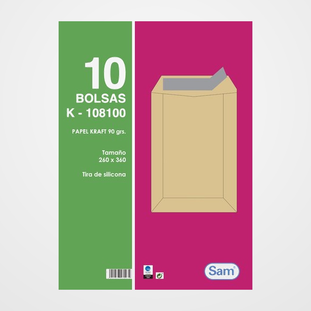 SOBRE-BOLSA SAM 260x360 KRAFT 90g (SILICONA) PAQUETE DE 10