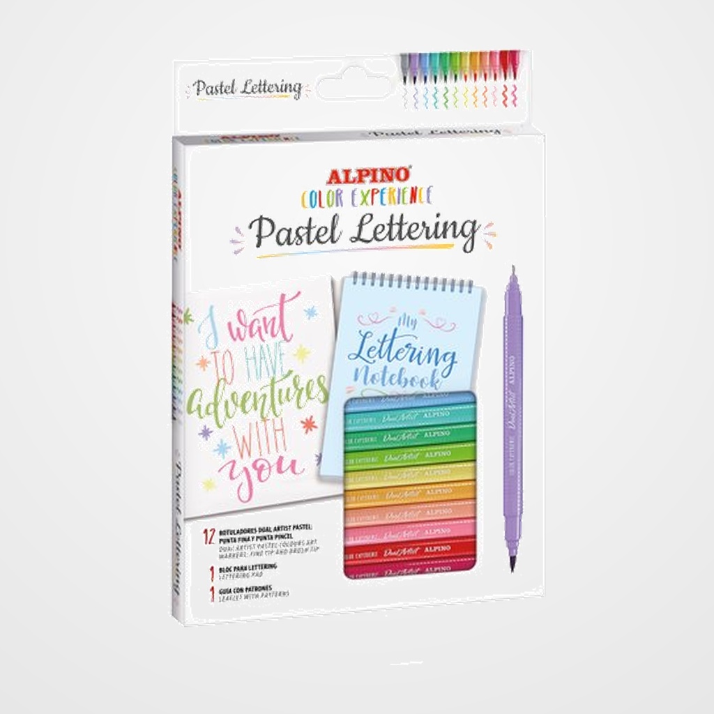 ROTULADOR FIBRA ALPINO COLOR EXPERIENCE DUAL ARTIST PASTEL LETTERING KIT 12x rotuladores dual 1x bloc lettering 1x guia con patrones