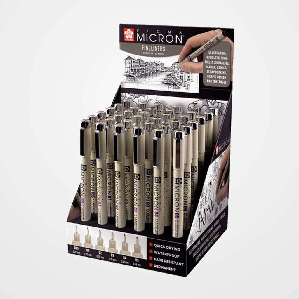 ROTULADOR CALIBRADO SAKURA PIGMA MICRON NEGRO SURTIDO EXPOSITOR de 36 (6x 0,2 + 0.25 + 0,3 + 0.35 + 0.40 + 0.45 mm)