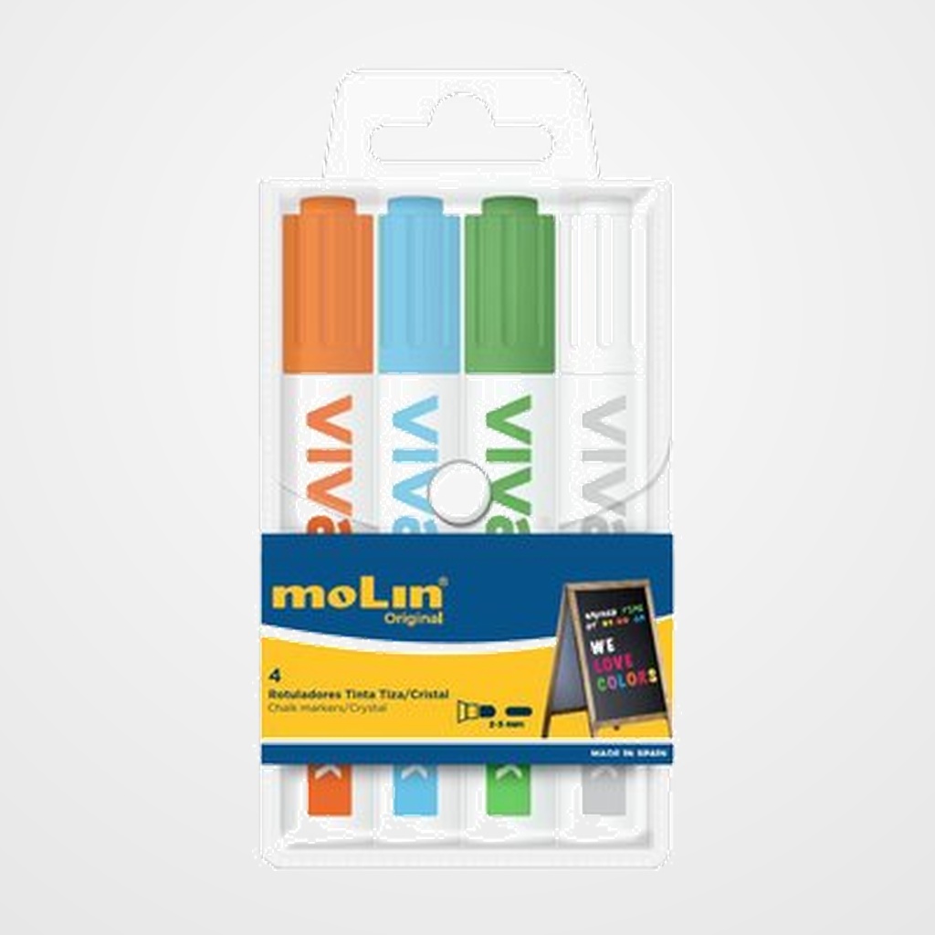 MARCADOR TIZA LIQUIDA MOLIN SURTIDO BOLSA DE 4