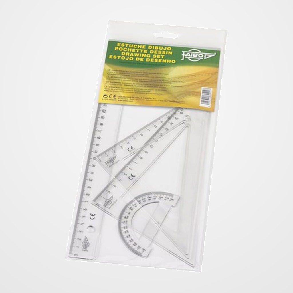 EQUIPO de DIBUJO FAIBO 30cm PACK de 4 Regla de 30 cm Escuadra 45º de 25 cm Cartabon 60ª de 25 cm Semicirculo de 9 cm