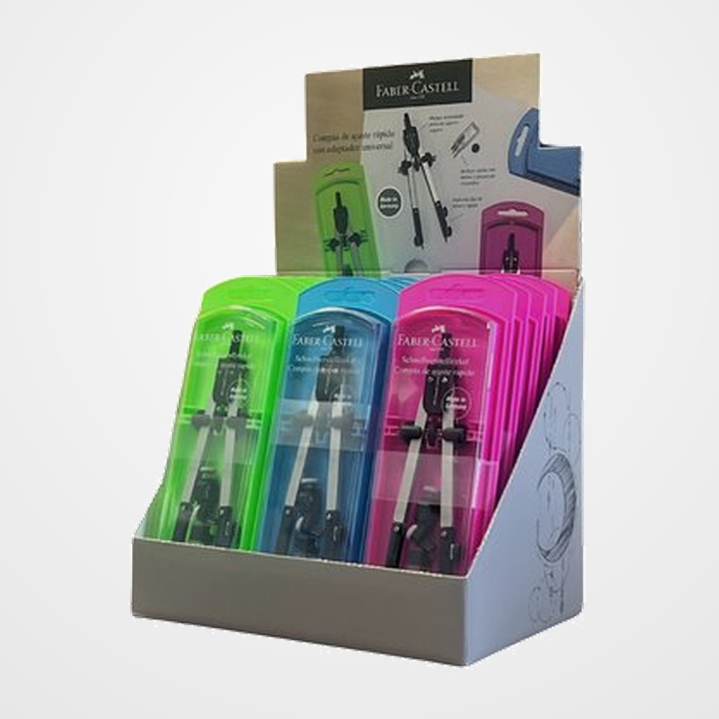 COMPAS FABER-CASTELL AJUSTE RAPIDO COLORES NEON EXPOSITOR de 15