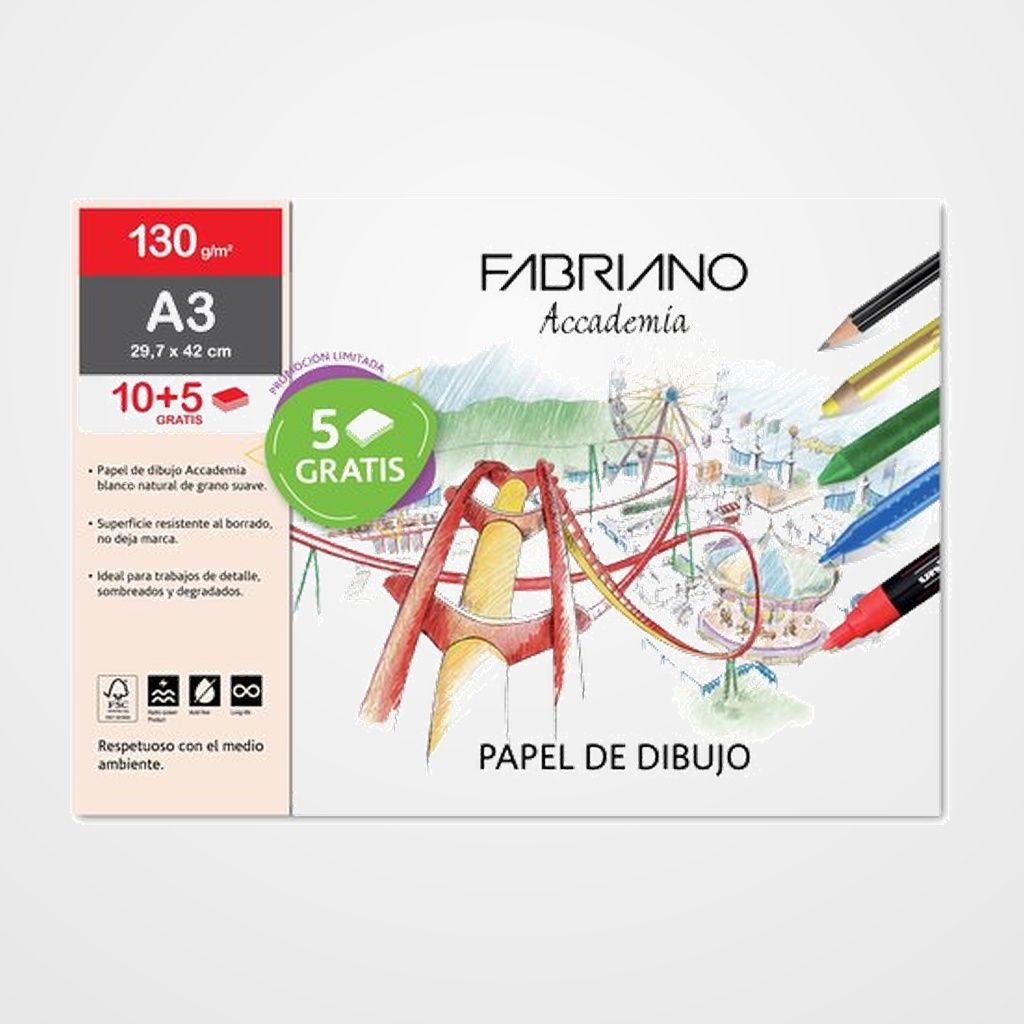 LAMINAS DIBUJO FABRIANO A3 130g LISA BOLSA DE 10