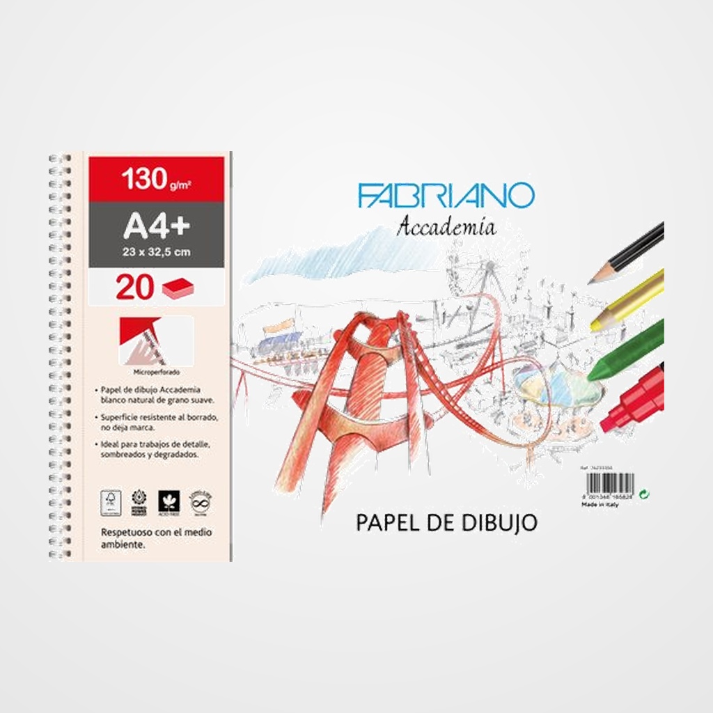 BLOC DE DIBUJO FABRIANO ACCADEMIA CON ESPIRAL LISO A4+ 130g 20h